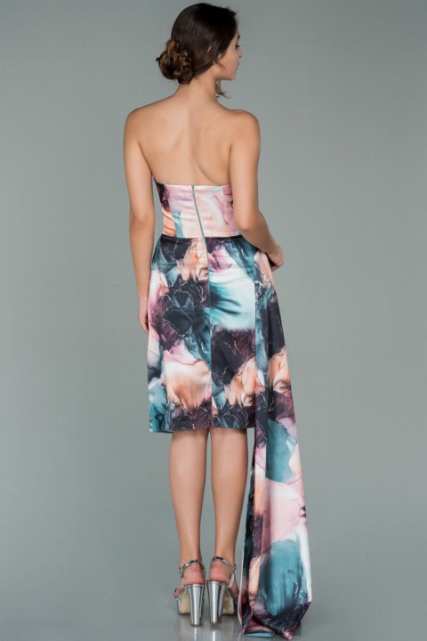 Evening Dress Strapless Tailed Printed Midi Evening Dress 100298542