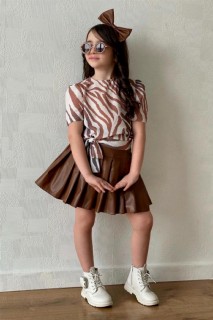 Outwear - Girls' Zebra Patterned Chiffon Blouse and Crown Brown Leather Skirt Suit 100327347 - Turkey