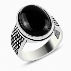 Onyx Stone Rings - Black Onyx Stone Diamond Patterned Sterling Silver Men's Ring 100347991 - Turkey