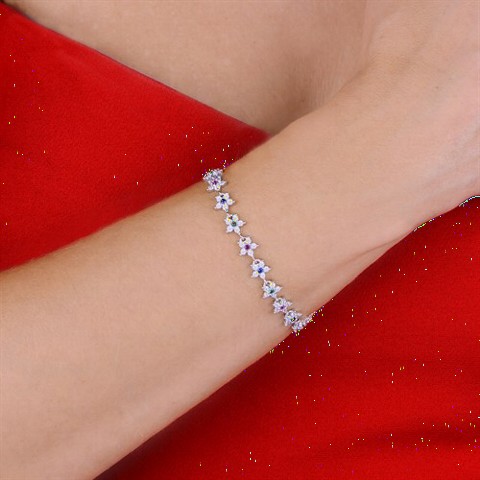 Floral Motif Silver Bracelet With Colored Stones 100349638