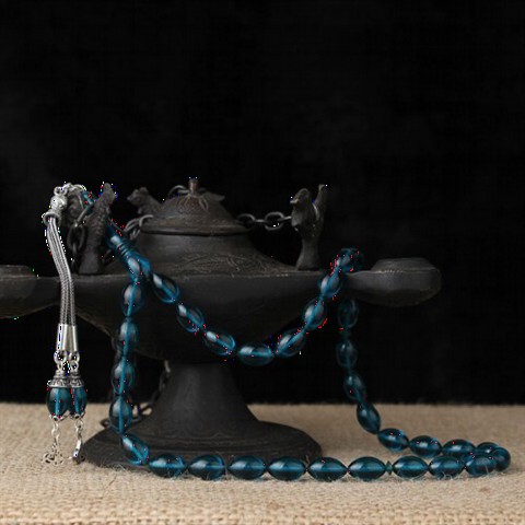 Men - Blue Double Tassel Tugra Detail Spinning Amber Rosary 100349475 - Turkey