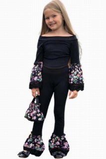 Girls - Girl's Boat Neck Floral Embroidered Black Spanish Tights Suit 100344712 - Turkey