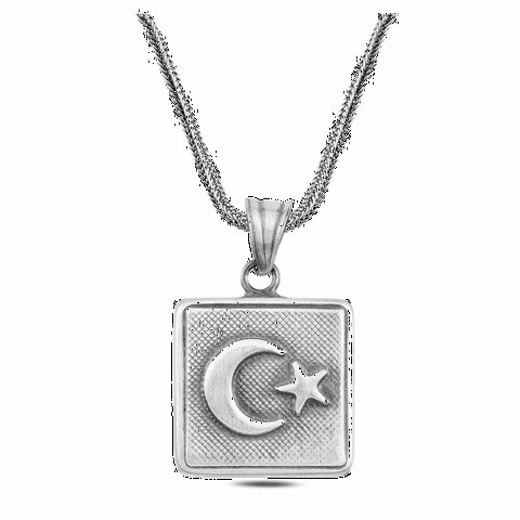 Necklace - Tumbled Moon Star Embroidered Silver Square Cevşen Necklace 100346782 - Turkey