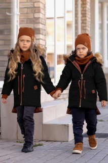 Coat, Trench Coat - Girls Boys' Hoodie With Fur Collar And Beret Black Coat 100328613 - Turkey