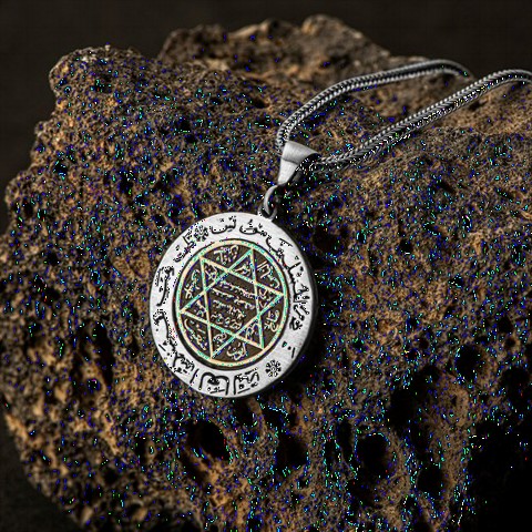 Necklace - Seal of Prophet Solomon Motif Embroidered Silver Necklace 100346756 - Turkey