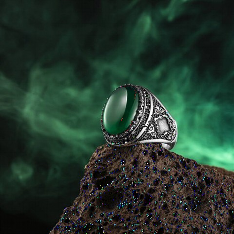 Green Agate Stone Edge Motif Sterling Silver Ring 100349135