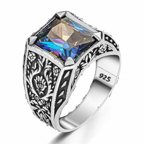 Silver Rings 925 - Flower Detailed Silver Ring with Mystic Topaz Stone 100350377 - Turkey