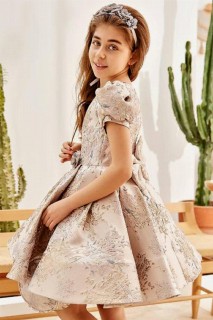 Girl Balloon Sleeve Silvery Flower Embroidered And Bag Powder Evening Dress 100327794