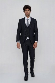 Suit - Men's Navy Blue Patterned Vest Slim Fit Slim Fit 6 Drop Suit 100351009 - Turkey