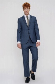 Suit - بدلة رجالية بقصة مريحة ديناميكية منقوشة باللون الأزرق الداكن ذات 4 قطع منسدلة 100350625 - Turkey