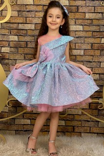 Kids - Girls Mix Color Tulle Detailed Waist Tie Powder Evening Dress 100327191 - Turkey