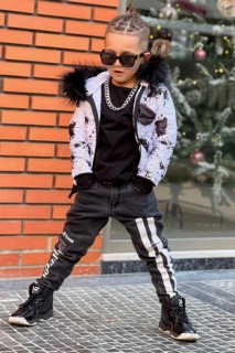 Boys Mix Color Hooded Fur Coat White 100328659