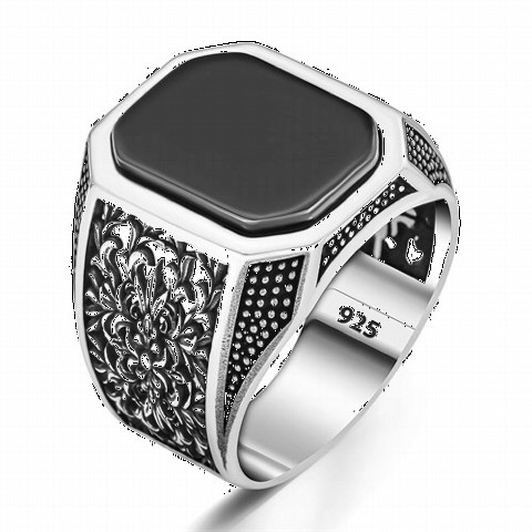 Onyx Stone Rings - Dot Patterned Black Onyx Stone Sterling Silver Men's Ring 100350382 - Turkey