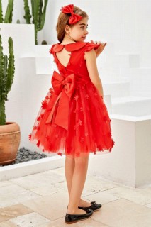 Girl's Flower Detailed Skirt Fluffy Tulle and Glitter Red Evening Dress 100327681