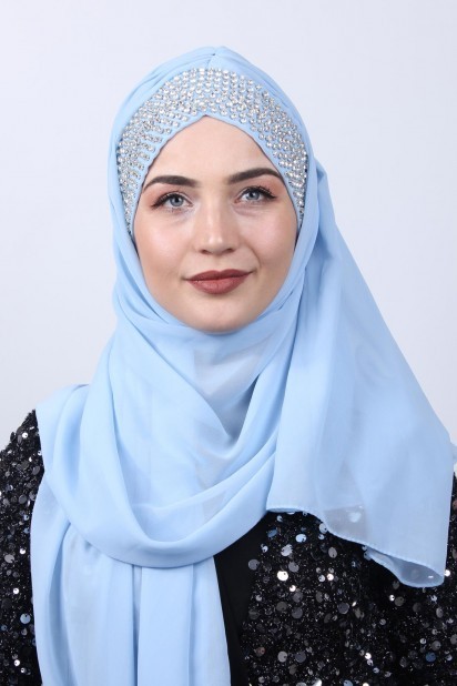 Woman Bonnet & Hijab - Stone Boneli Design Shawl Baby Blue 100282956 - Turkey