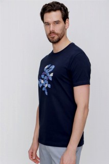 Men's Navy Blue Crew Neck Trend Printed Dynamic Fit Comfortable Cut T-Shirt 100350730