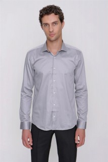 Men Clothing - Men's Gray Compact Slim Fit Slim Fit Plain 100% Cotton Satin Shirt 100350883 - Turkey
