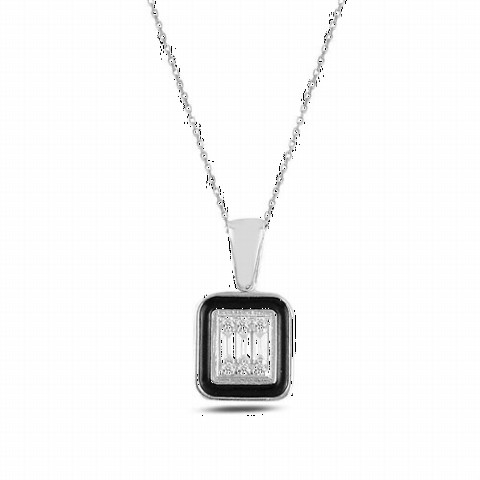 Black Enamel Baguette Stone Silver Necklace 100347463