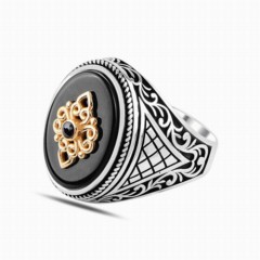 Oval Onyx Stone Embroidered Ottoman Patterned Silver Ring 100347838