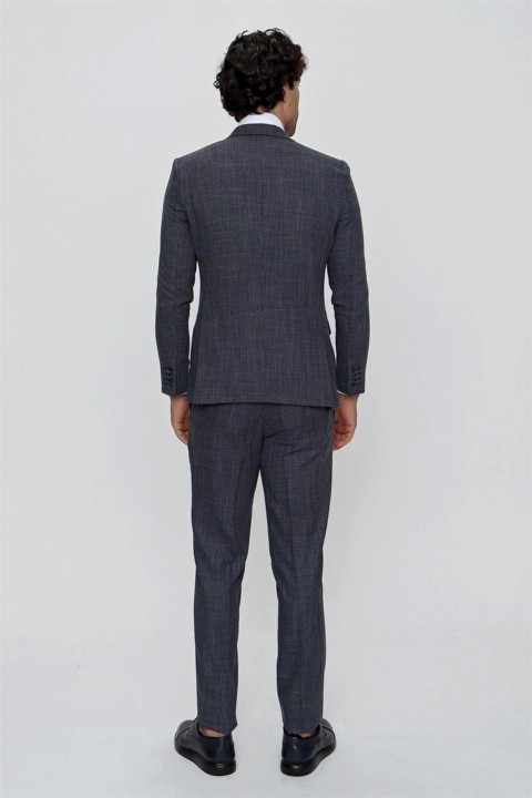 Men's Navy Blue Star Patterned Vest Slim Fit Slim Fit 6 Drop Suit 100351011
