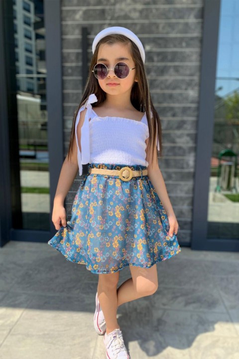 Outwear - Boys' Tie-Shoulder Blouse and Floral Patterned Turquoise Skirt Suit 100328323 - Turkey
