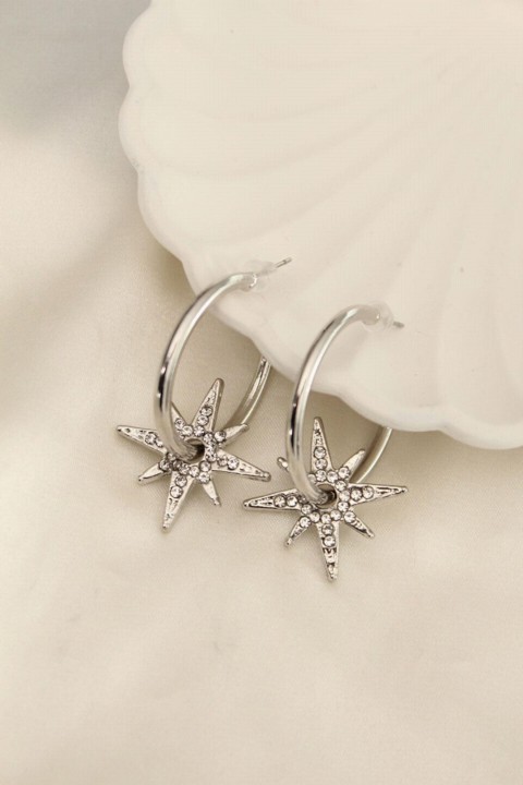 Earrings - Silver Color Zircon Stone Pole Star Figured Hoop Earrings 100319970 - Turkey