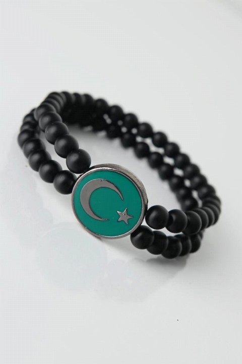 Bracelet - Green Colored Smoked Crescent and Star Figured Natural Stone Double Row Men's Bracelet 100318662 - Turkey
