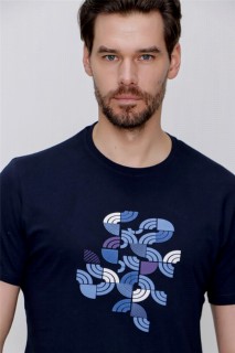 Men's Navy Blue Crew Neck Trend Printed Dynamic Fit Comfortable Cut T-Shirt 100350730