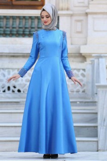 Wedding & Evening - Blue Hijab Evening Dress 100299171 - Turkey