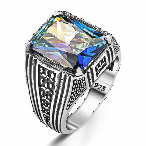 Silver Rings 925 - Leaf Detailed Sterling Silver Men's Ring With Mystic Topaz Stone 100350389 - Turkey