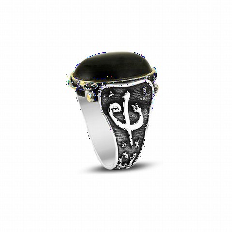 Black Agate Stone Edges Elif Vav Motif Sterling Silver Men's Ring 100349302