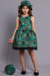 Girls - Girl's Emerald Emerald Green Dress with Hat and Bag Fluffy Tulle 100328482 - Turkey