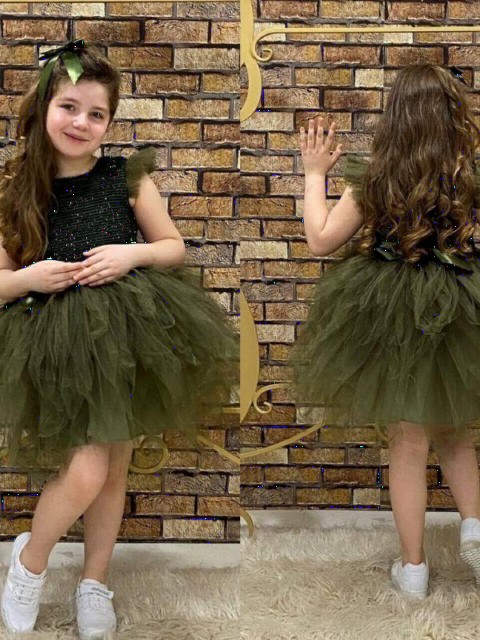 Girl's Shoulder Tulle Fluffy Green Evening Dress 100326691