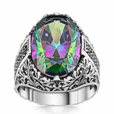 Silver Rings 925 - Oval Case Flower Patterned Sterling Silver Ring With Mystic Topaz Stone 100350392 - Turkey