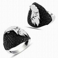 Men - Eagle Motif Black Micro Stone Silver Ring 100347878 - Turkey