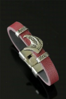 Bracelet - Metal Eagle Head Claret Red Leather Men's Bracelet 100327898 - Turkey