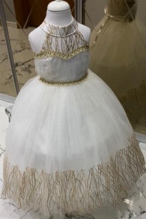 Evening Dress - Girl's Glittery Gold Embroidered Fluffy Ecru Evening Dress with Stone Waist and Tarlatan 100327421 - Turkey