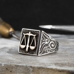 Stoneless Rings - Square Motif Libra Symbol Sterling Silver Men's Ring 100348404 - Turkey