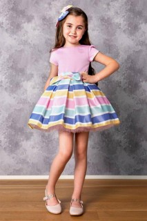 Outwear - Girl's Sleeve Ruffled Skirt and Colorful Striped Pink Dress 100327810 - Turkey