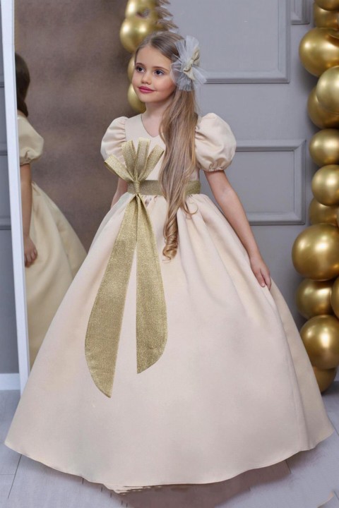 Evening Dress - Girl's Waist Glittery Stripe Detailed Watermelon Sleeve Beige Evening Dress 100327731 - Turkey