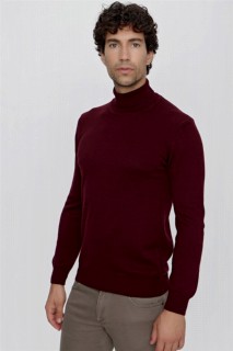 Men's Dark Claret Red Dynamic Fit Basic Full Turtleneck Knitwear Sweater 100345146