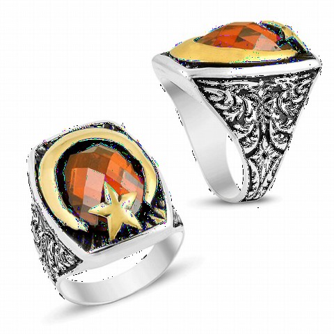 Moon Star Rings - Special Zircon Stone Moon Star Model Sterling Silver Men's Ring 100349065 - Turkey
