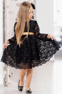 Girl Clothing - فستان بناتي دانتيل ذهبي بحزام أسود 100327007 - Turkey