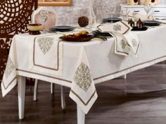 Dowry Products - Adenya Embroidered Linen A. Service Table Cloth Set 14 Pieces Cappucino 100330265 - Turkey