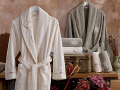 Set Robe - Sare Luxury Embroidered Cotton Bathrobe Set Cream Beige 100259780 - Turkey
