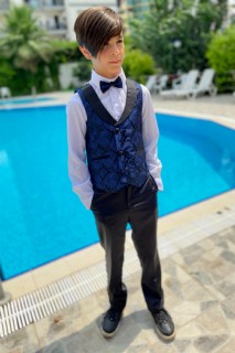 Suits - Boy's DeepSEA Patterned Double Buttoned Bowtie Navy Blue Bottom Top Suit 100328692 - Turkey