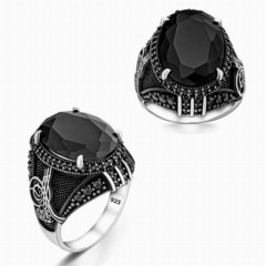Zircon Stone Rings - Ottoman Seal Motif Black Zircon Stone Silver Ring 100346365 - Turkey