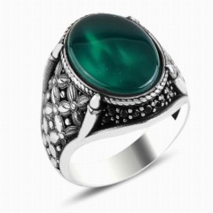 Agate Stone Rings - Stone Claw Model Green Agate Stone Silver Men's Ring 100348036 - Turkey