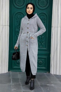 Outwear - Grey Hijab Knitwear Cardigan 100345018 - Turkey