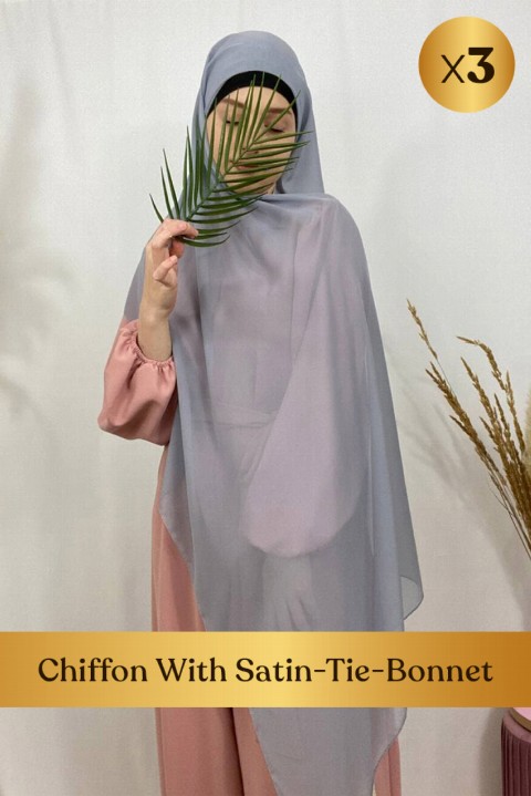 Woman Bonnet & Hijab - Hijab mousseline , bonnet à nouer intégré intérieur satin  - en box 3 pièces - Turkey